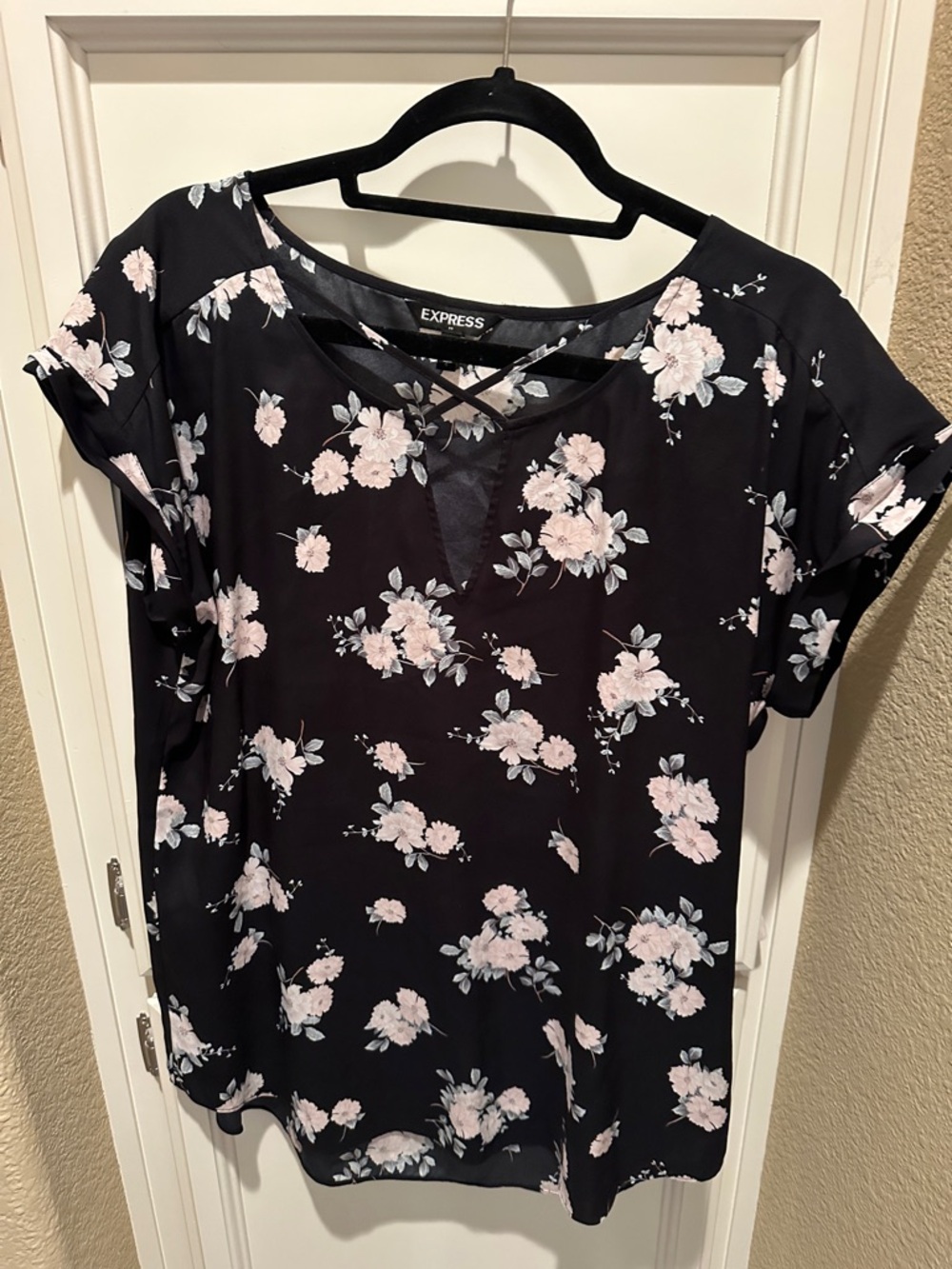 Express Black Short-Sleeve Blouse with Pale Pink Floral Print